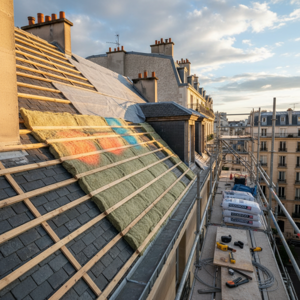 Travaux d’isolation de toiture à Vincennes : renforcement de l’isolation thermique sur toiture ancienne avec correction des pertes de chaleur