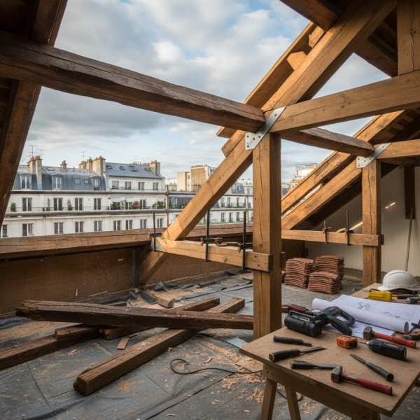 Travaux de charpente à Enghien-les-Bains : restauration de charpente sur maison ancienne avant travaux de couverture