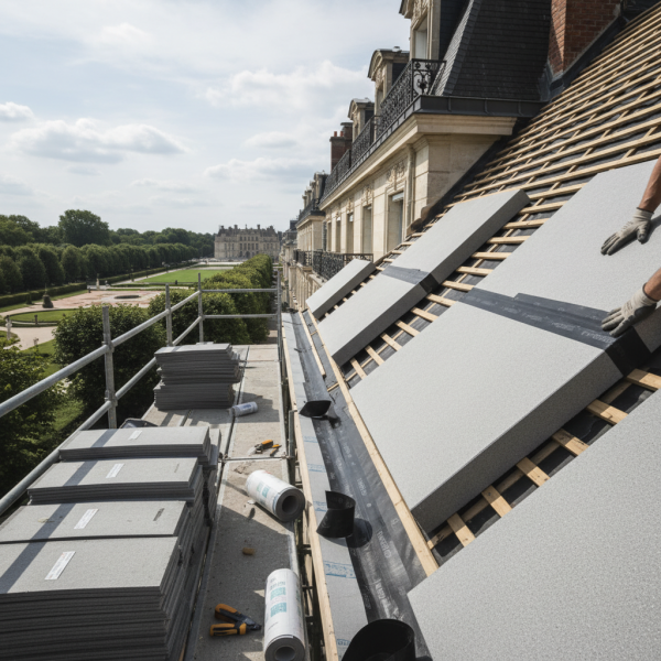 Isolation de toiture à Versailles : isolation thermique par l’extérieur avec dépose de couverture, pose d’isolants rigides et continuité de l’étanchéité sous couverture