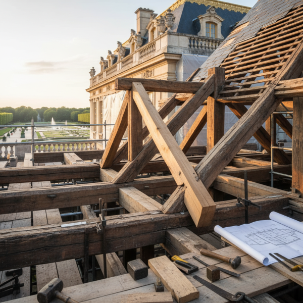 Travaux de charpente à Versailles : reprise de charpente traditionnelle en bois avec remplacement de pièces porteuses affaiblies et recalcul des charges de toiture