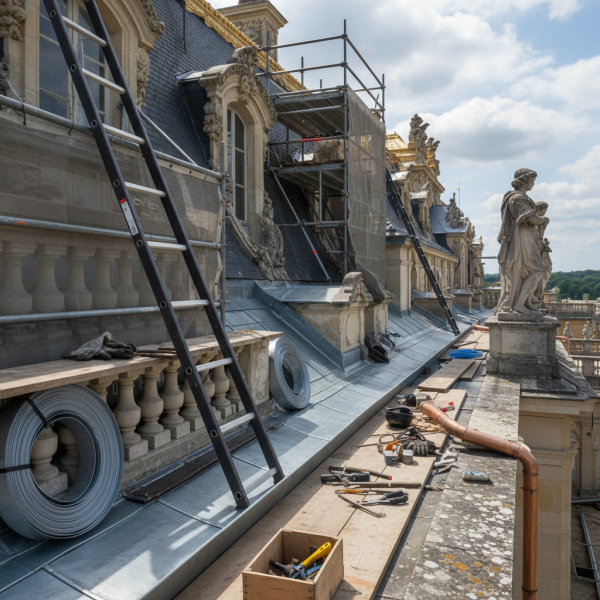Travaux de zinguerie à Versailles : remplacement complet de gouttières en zinc avec recalibrage des pentes et adaptation aux descentes d’eaux pluviales existantes