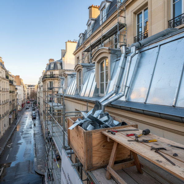 Zinguerie toiture à Paris : intervention sur évacuations d’eaux pluviales avec contraintes d’accès et toitures mitoyennes