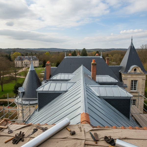 Travaux de zinguerie à Marnes-la-Coquette : fabrication et pose de noues en zinc avec continuité d’étanchéité sur toiture complexe